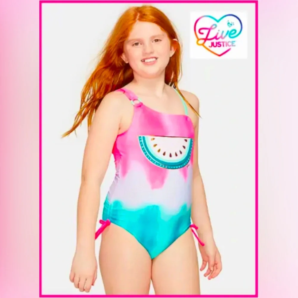 NWT JUSTICE WATERMELON TIE DYE COLOR CHANGING 1PC SWIMSUIT | Size 14 & 7
